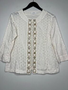 Coral Bay Petite White Eyelet Beaded Open Front Cardigan Boho Resort Layer PL